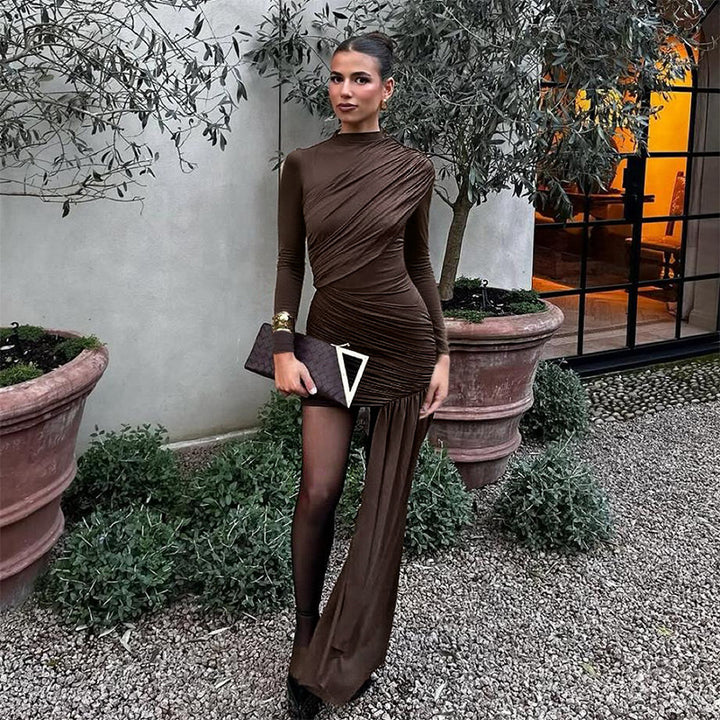 Damen eleganta omslagsklänning med asymmetrisk fåll och långa ärmar Mirla-Eva Jonsson