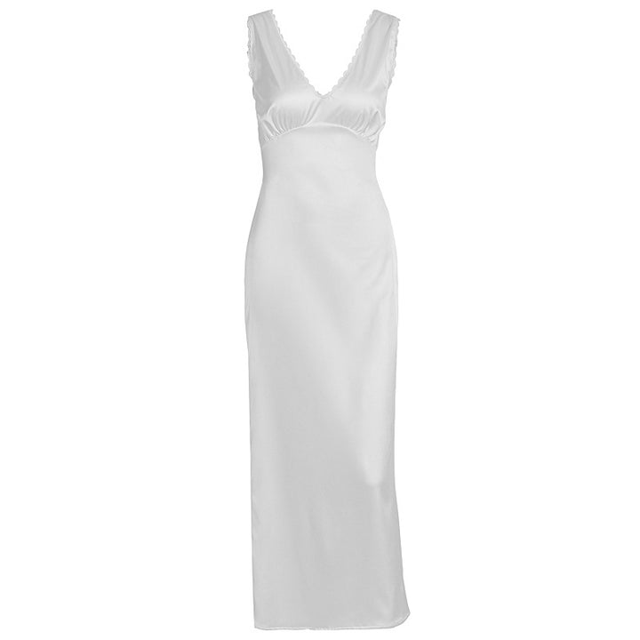 Damen eleganta satin-nattklänning med djup V-hals och breda axelremmar Mirla-Eva Jonsson