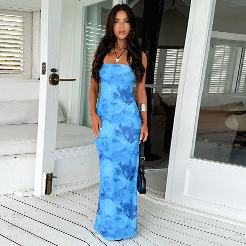 Damen eleganta strapless maxiklänning med blommönster och figurnära silhuett Mirla-Eva Jonsson