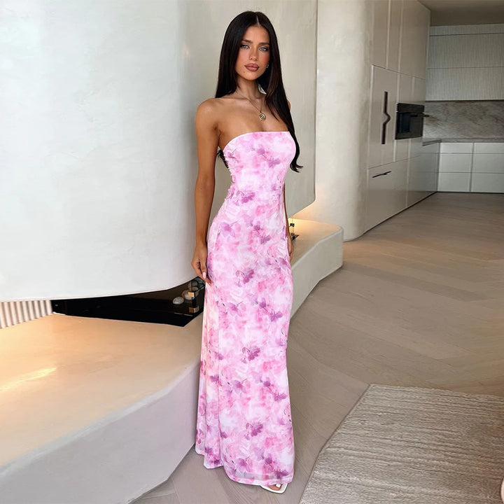Damen eleganta strapless maxiklänning med blommönster och figurnära silhuett Mirla-Eva Jonsson