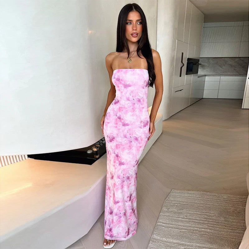 Damen eleganta strapless maxiklänning med blommönster och figurnära silhuett Mirla-Eva Jonsson