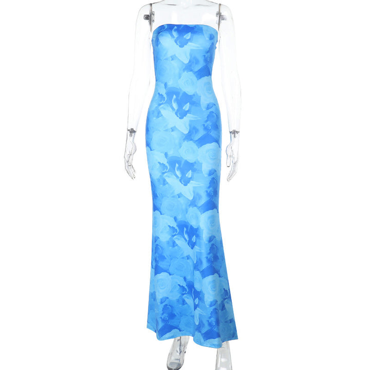 Damen eleganta strapless maxiklänning med blommönster och figurnära silhuett Mirla-Eva Jonsson