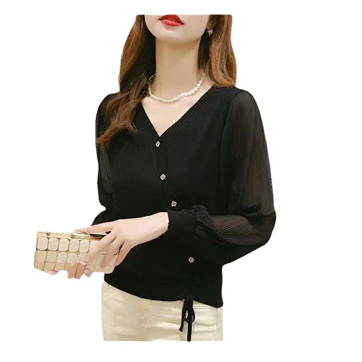 Damen eleganter Strickpullover mit Knopfdetails und transparenten Ärmeln Mirla-Eva Jonsson