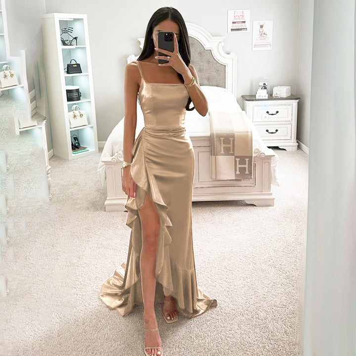 Damen elegantes Maxiklänning med asymmetrisk volangkant och figursydd silhuett Mirla-Eva Jonsson