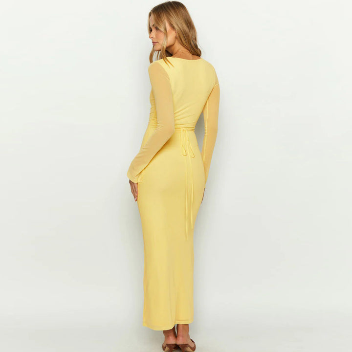 Damen elegantes Maxikleid mit tiefem V-Ausschnitt und transparenten Ärmeln Mirla-Eva Jonsson