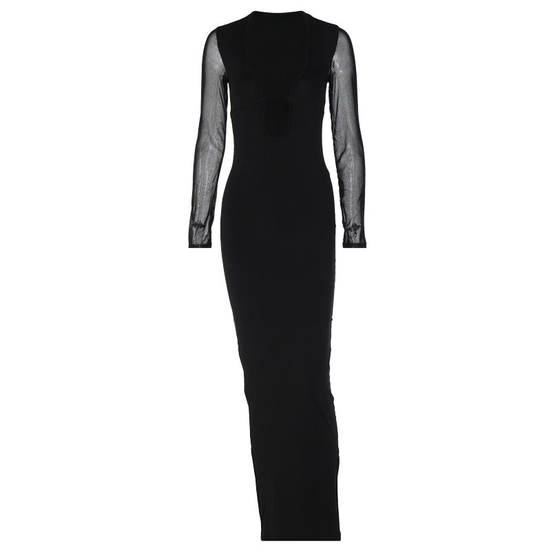 Damen elegantes Maxikleid mit tiefem V-Ausschnitt und transparenten Ärmeln Mirla-Eva Jonsson
