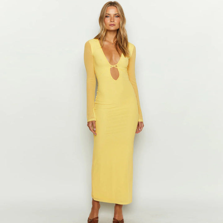 Damen elegantes Maxikleid mit tiefem V-Ausschnitt und transparenten Ärmeln Mirla-Eva Jonsson
