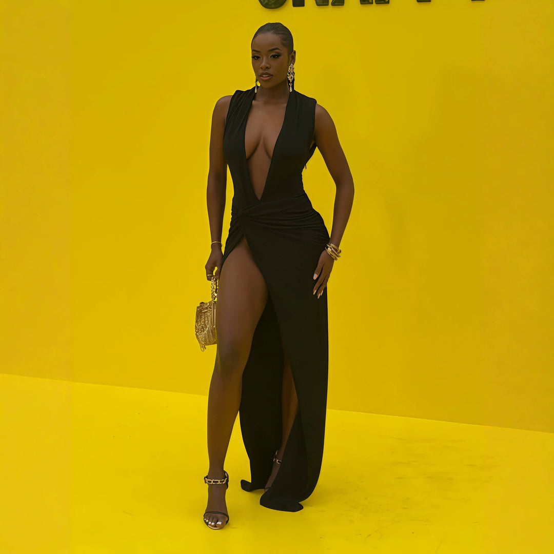 Damen elegantes langes Kleid mit tiefem V-Ausschnitt und raffinierter Raffung Mirla-Eva Jonsson