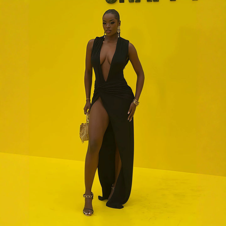 Damen elegantes langes Kleid mit tiefem V-Ausschnitt und raffinierter Raffung Mirla-Eva Jonsson