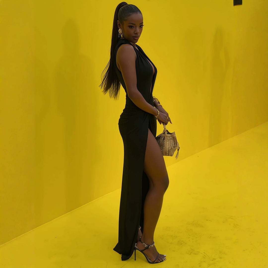Damen elegantes langes Kleid mit tiefem V-Ausschnitt und raffinierter Raffung Mirla-Eva Jonsson