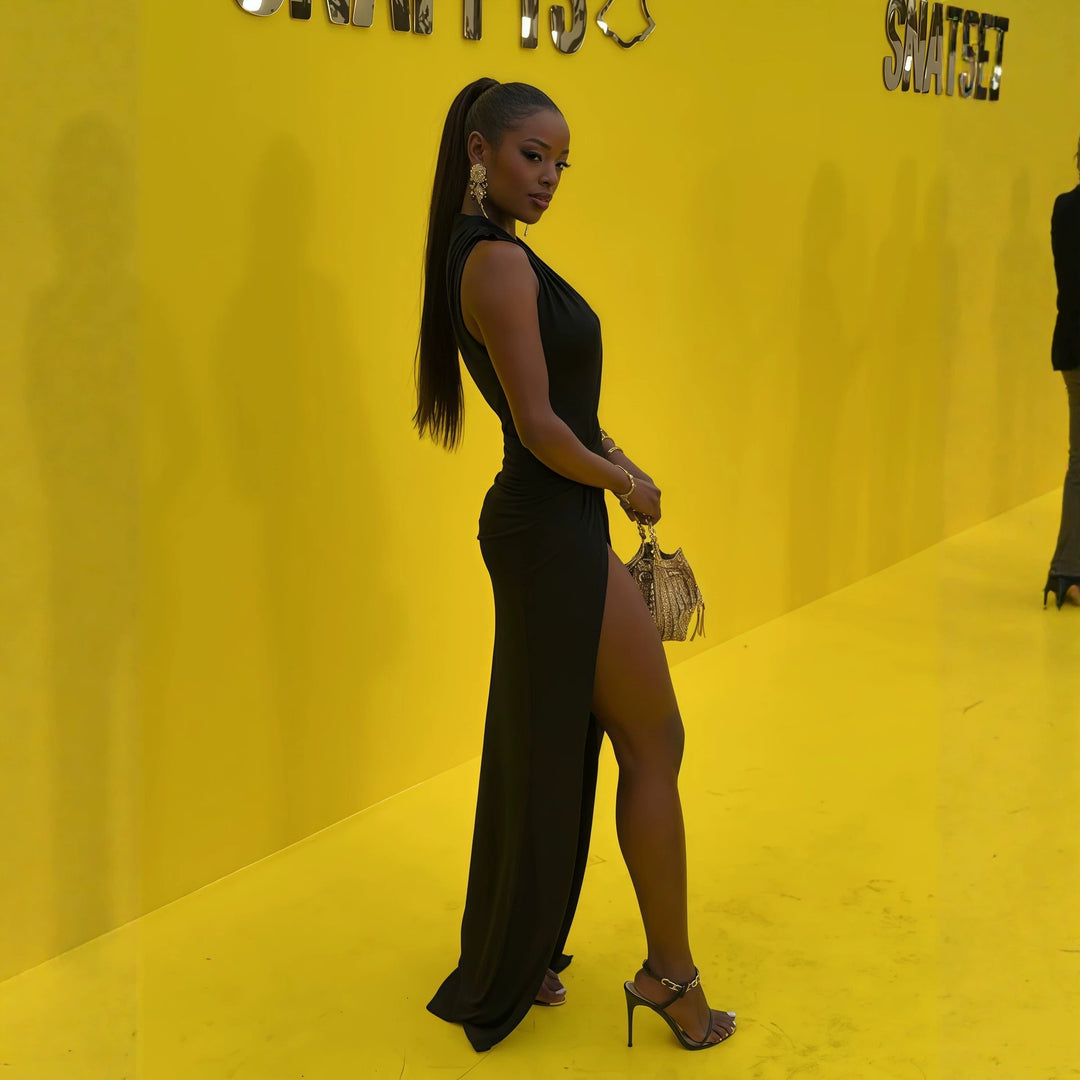 Damen elegantes langes Kleid mit tiefem V-Ausschnitt und raffinierter Raffung Mirla-Eva Jonsson
