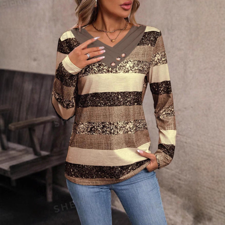 Damen fashion V-neck sweater with glitter stripes and button details Mirla-Eva Jonsson