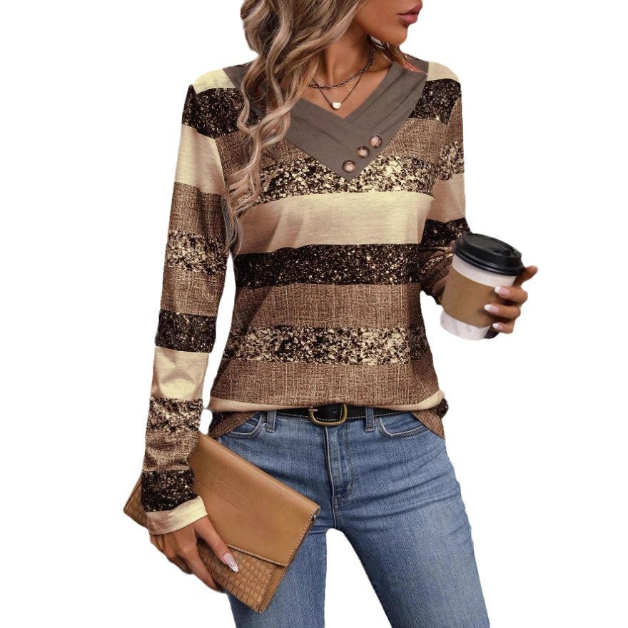 Damen fashion V-neck sweater with glitter stripes and button details Mirla-Eva Jonsson