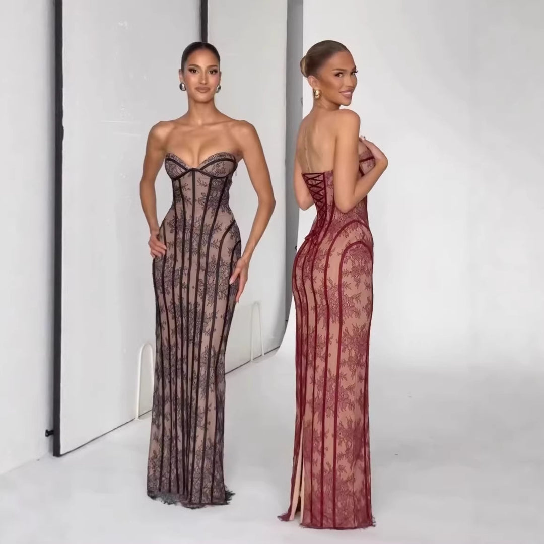 Damen figurbetonat spetsklänning med off shoulder-design och elegant midjesnitt Mirla-Eva Jonsson