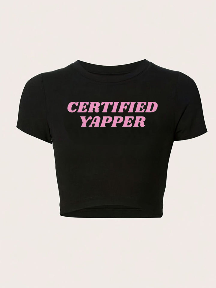 Damen figurbetontes Kurzarm-T-Shirt mit verspieltem Aufdruck Mirla-Eva Jonsson