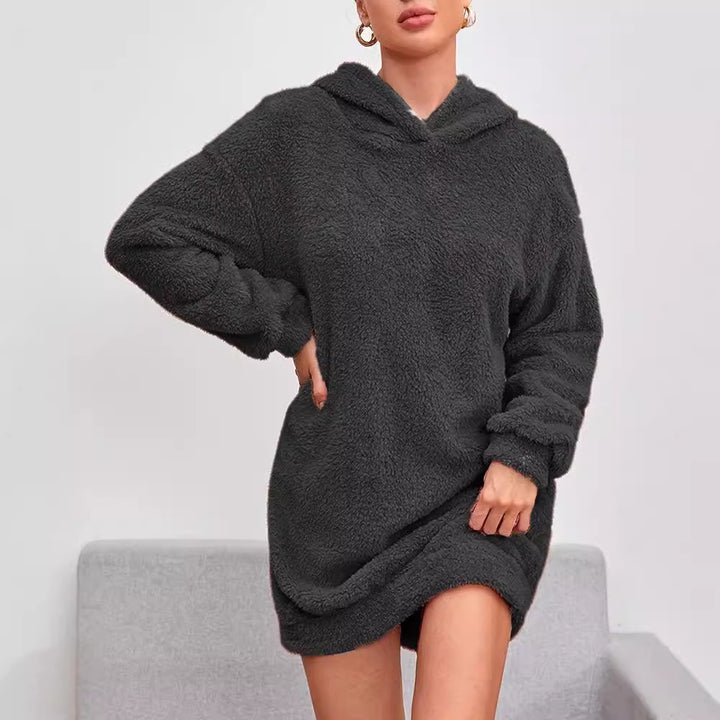 Damen fluffig hoodie-klänning med huva och praktiska fickor Eva Jonsson-Eva Jonsson