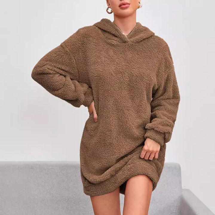 Damen fluffig hoodie-klänning med huva och praktiska fickor Eva Jonsson-Eva Jonsson