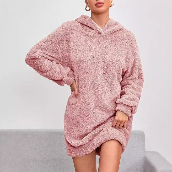 Damen fluffig hoodie-klänning med huva och praktiska fickor Eva Jonsson-Eva Jonsson