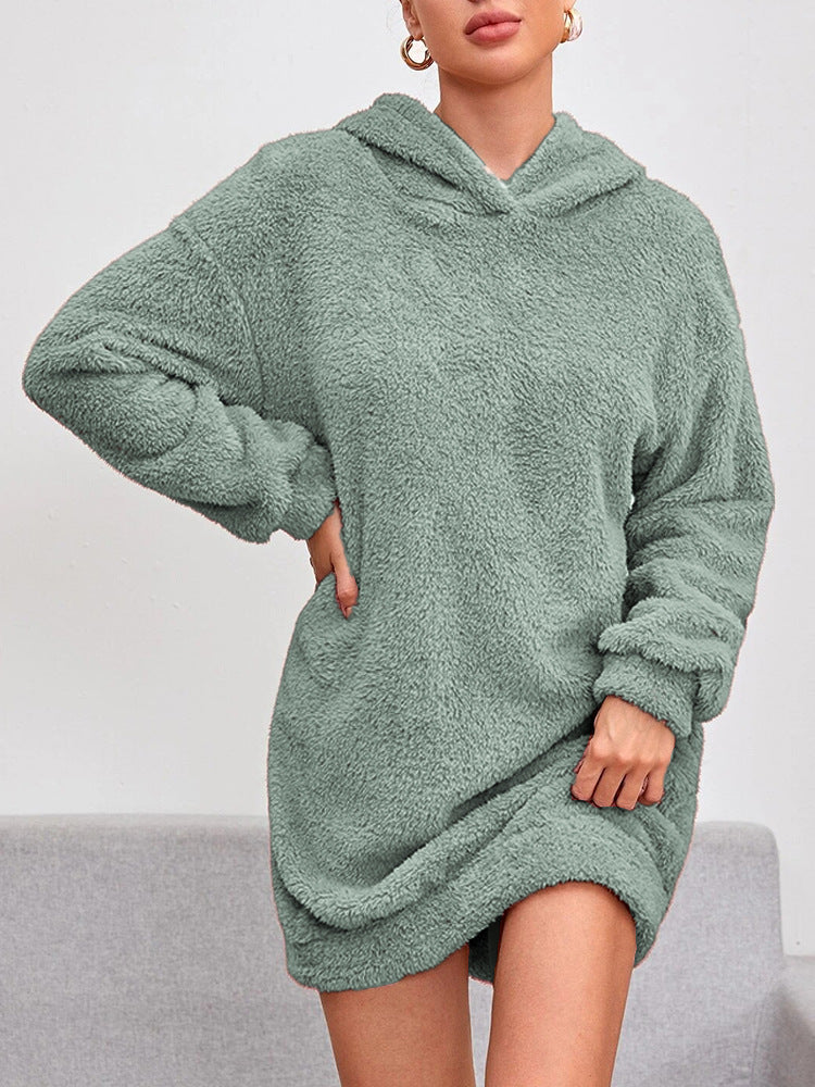 Damen fluffig hoodie-klänning med huva och praktiska fickor Eva Jonsson-Eva Jonsson