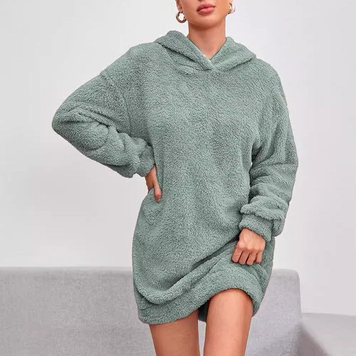 Damen fluffig hoodie-klänning med huva och praktiska fickor Eva Jonsson-Eva Jonsson