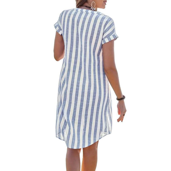 Damen fritid linne skjortklänning med randigt mönster och snygg krage Mirla-Eva Jonsson