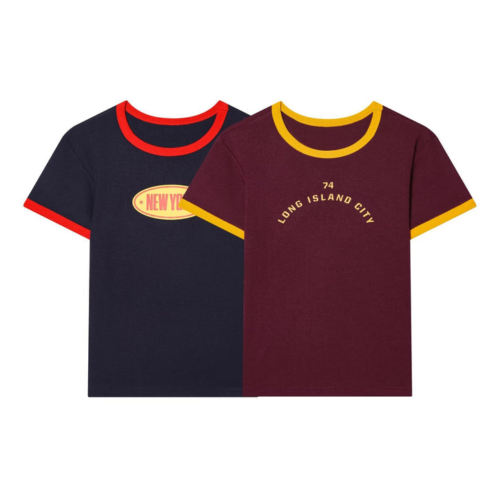 Damen fritids T-shirt med kontrasterande ärmar och trendig text Mirla-Eva Jonsson
