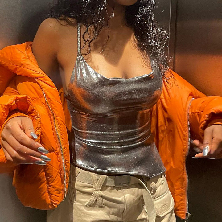 Damen glänsande satin-topp med smala spaghetti-remmar Mirla-Eva Jonsson