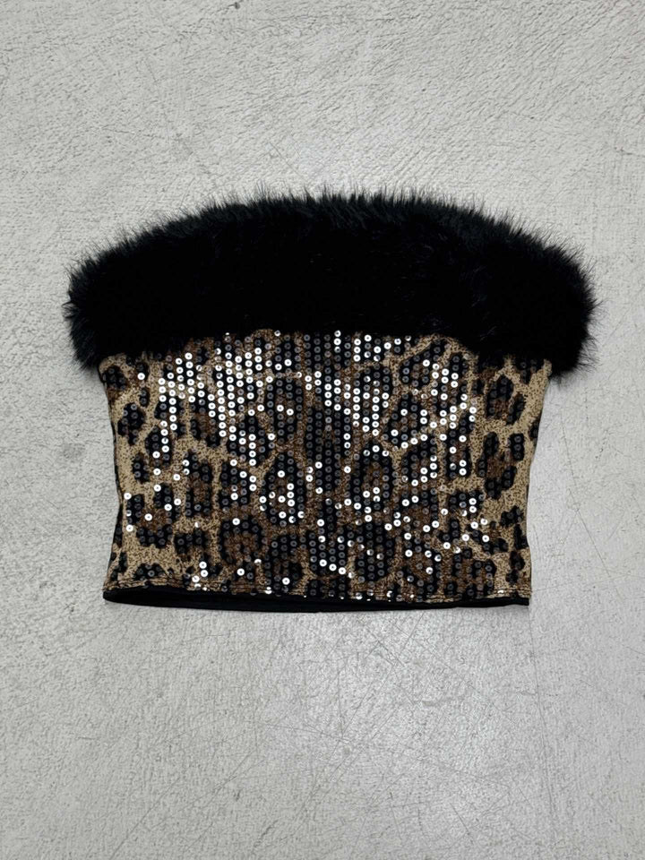 Damen glittrande leopardmönster topp med fuskpälsdetaljer Mirla-Eva Jonsson