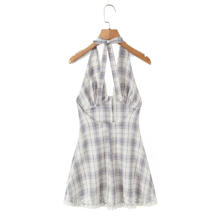 Damen halterneck dress with floral lace trim and button placket Mirla-Eva Jonsson