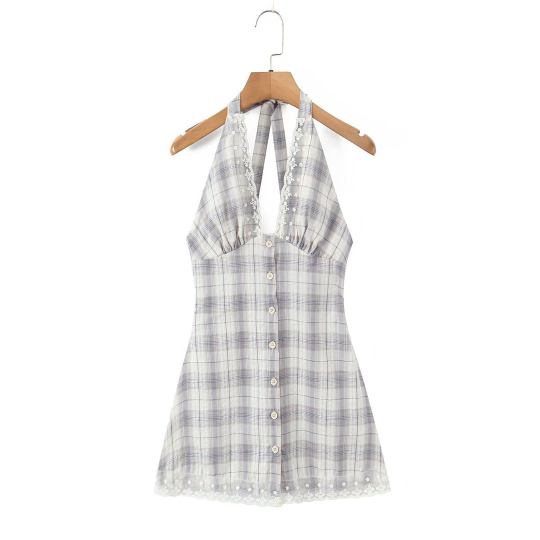 Damen halterneck dress with floral lace trim and button placket Mirla-Eva Jonsson