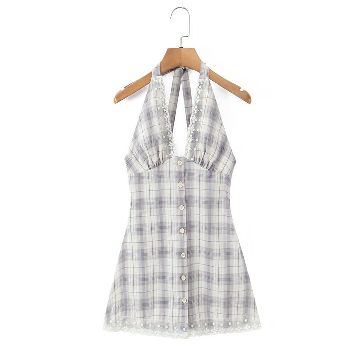 Damen halterneck dress with floral lace trim and button placket Mirla-Eva Jonsson