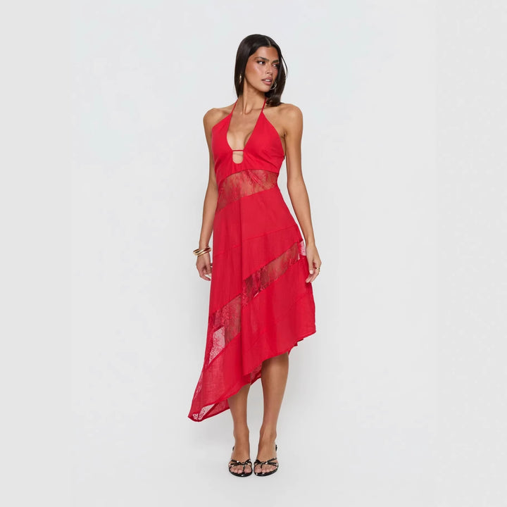 Damen halterneck dress with transparent inserts and asymmetric hem Mirla-Eva Jonsson