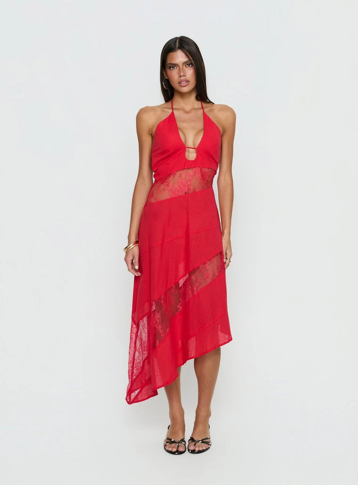 Damen halterneck dress with transparent inserts and asymmetric hem Mirla-Eva Jonsson