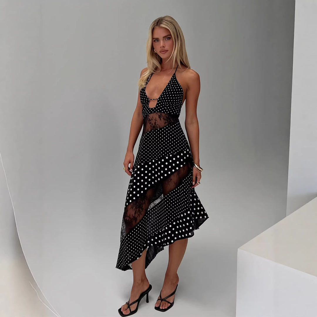 Damen halterneck dress with transparent inserts and asymmetric hem Mirla-Eva Jonsson
