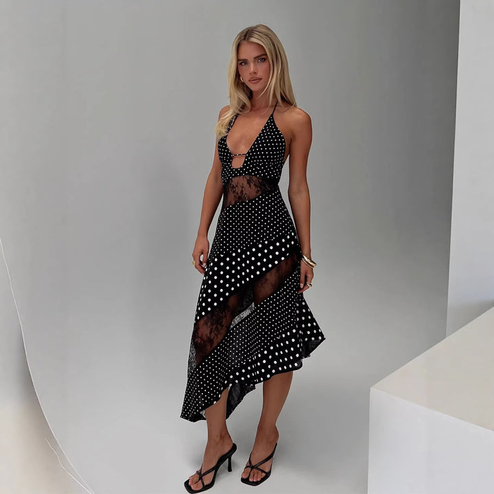 Damen halterneck dress with transparent inserts and asymmetric hem Mirla-Eva Jonsson