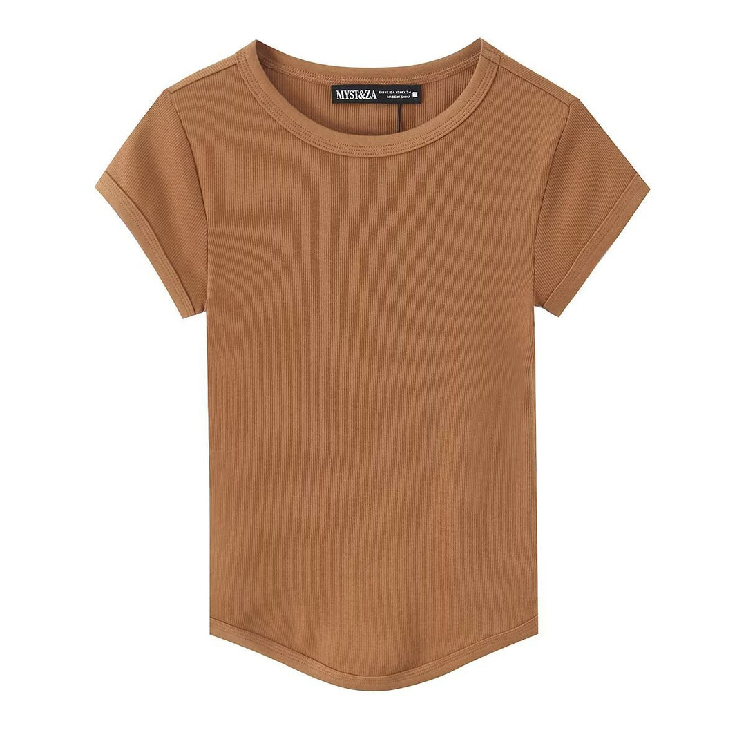 Damen högkvalitativ, figurnära basic t-shirt med fin ribbad struktur Mirla-Eva Jonsson
