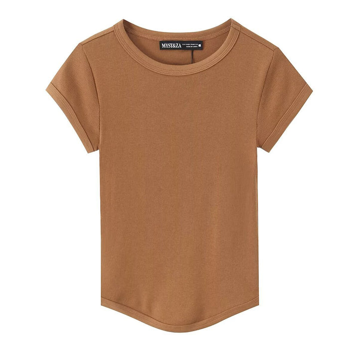Damen högkvalitativ, figurnära basic t-shirt med fin ribbad struktur Mirla-Eva Jonsson