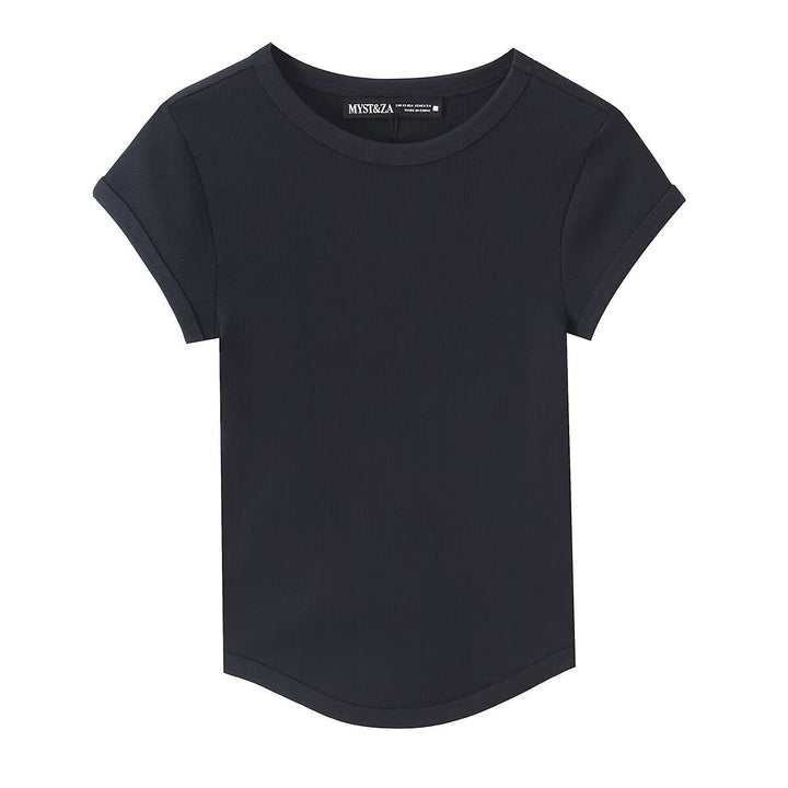 Damen högkvalitativ, figurnära basic t-shirt med fin ribbad struktur Mirla-Eva Jonsson