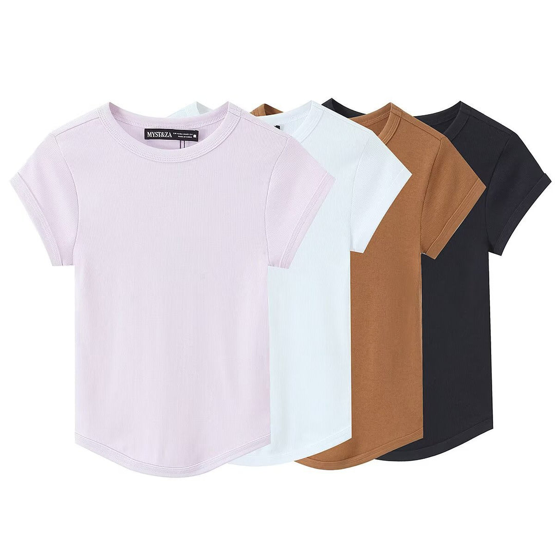 Damen högkvalitativ, figurnära basic t-shirt med fin ribbad struktur Mirla-Eva Jonsson
