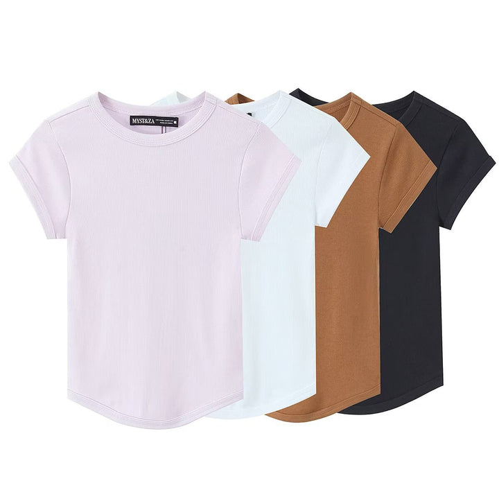 Damen högkvalitativ, figurnära basic t-shirt med fin ribbad struktur Mirla-Eva Jonsson