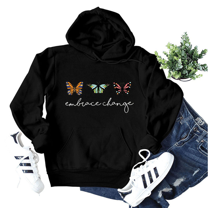 Damen hoodies med inspirerande fjärilsmotiv och motivationsbudskap Mirla-Eva Jonsson