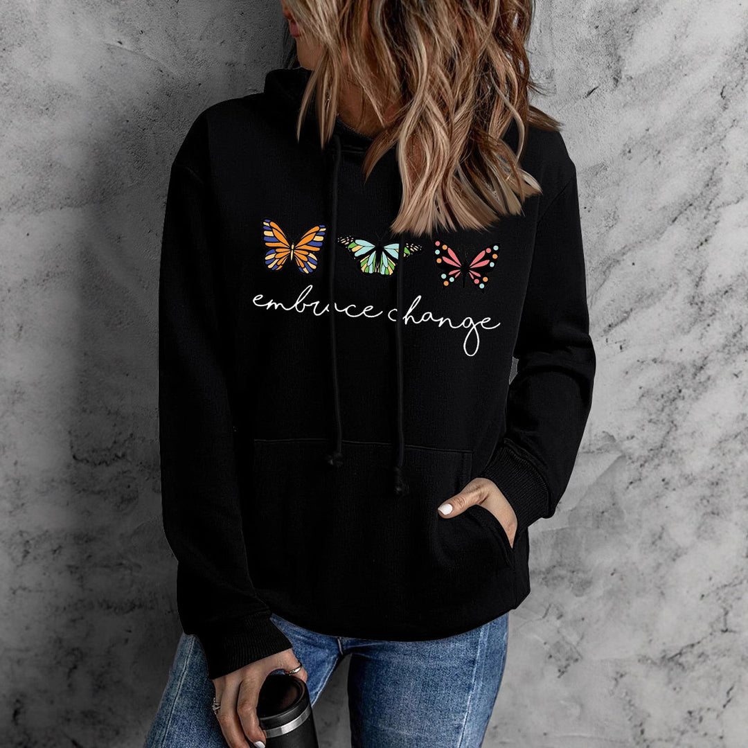 Damen hoodies med inspirerande fjärilsmotiv och motivationsbudskap Mirla-Eva Jonsson