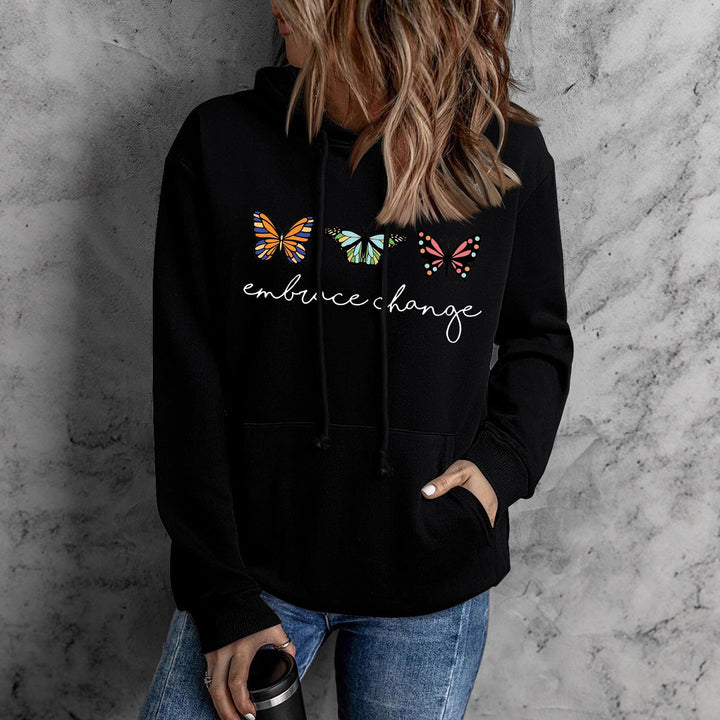 Damen hoodies med inspirerande fjärilsmotiv och motivationsbudskap Mirla-Eva Jonsson
