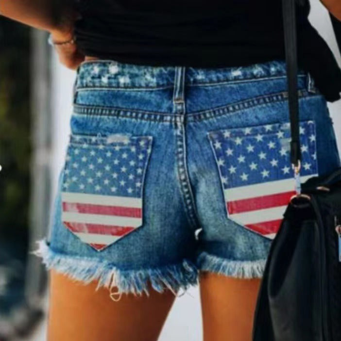 Damen jeansshorts med amerikanskt flaggmönster Eva Jonsson-Eva Jonsson