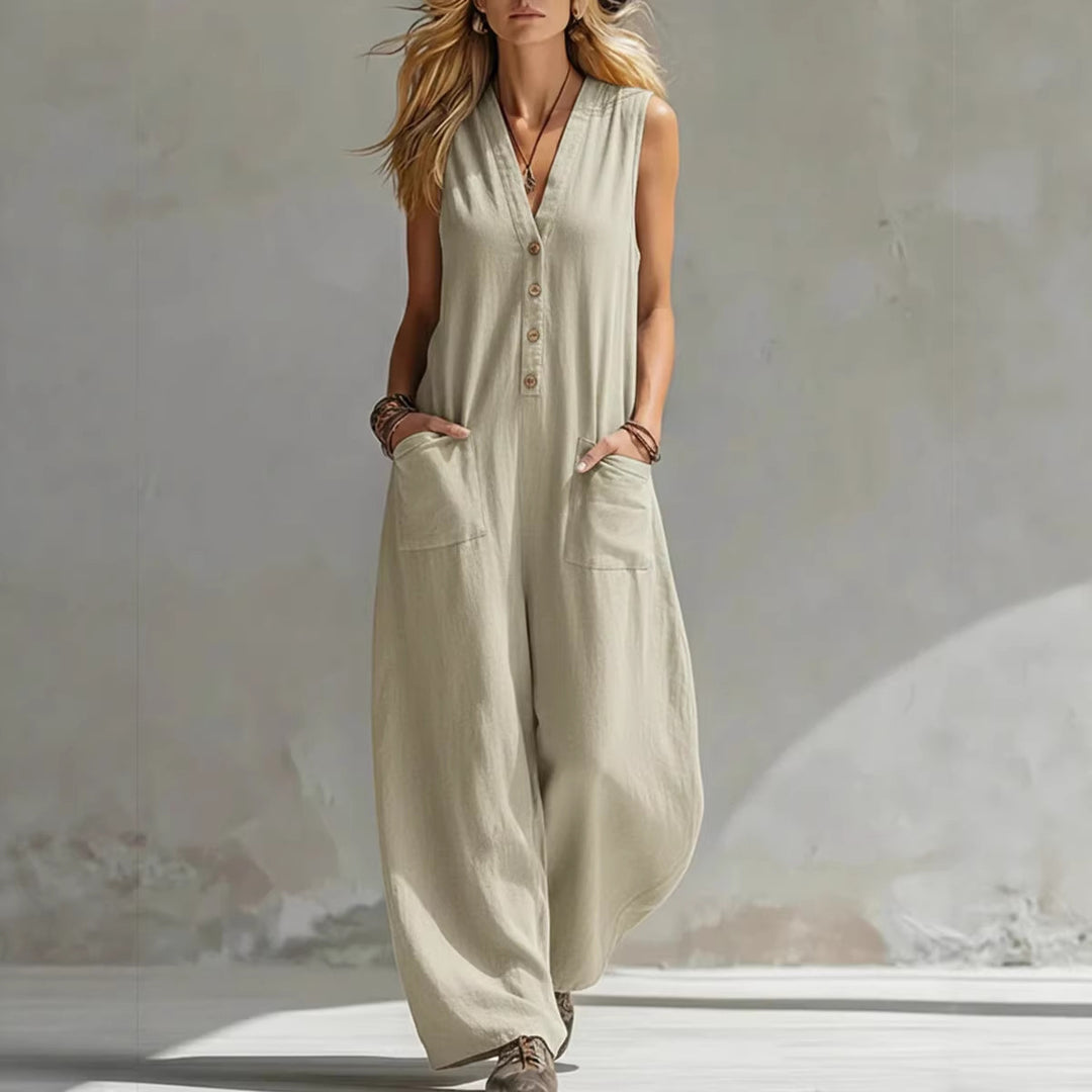 Damen jumpsuit med djup V-ringning och praktiska fickor Mirla-Eva Jonsson
