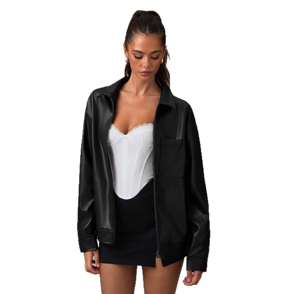 Damen konstläderjacka med oversized snitt och praktisk bröstficka Eva Jonsson-Eva Jonsson