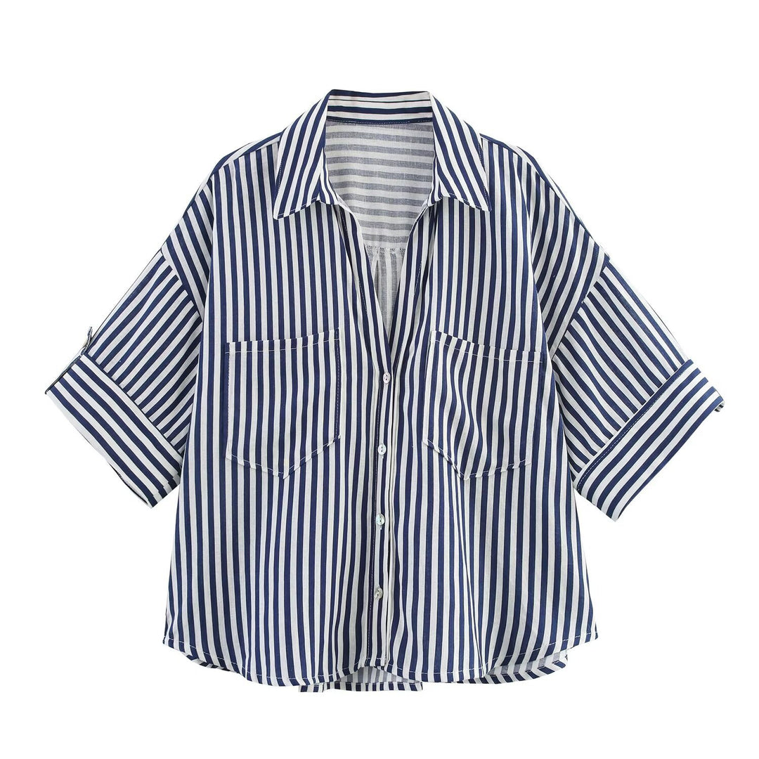 Damen kortärmad blus med fina ränder och eleganta bröstfickor Mirla-Eva Jonsson