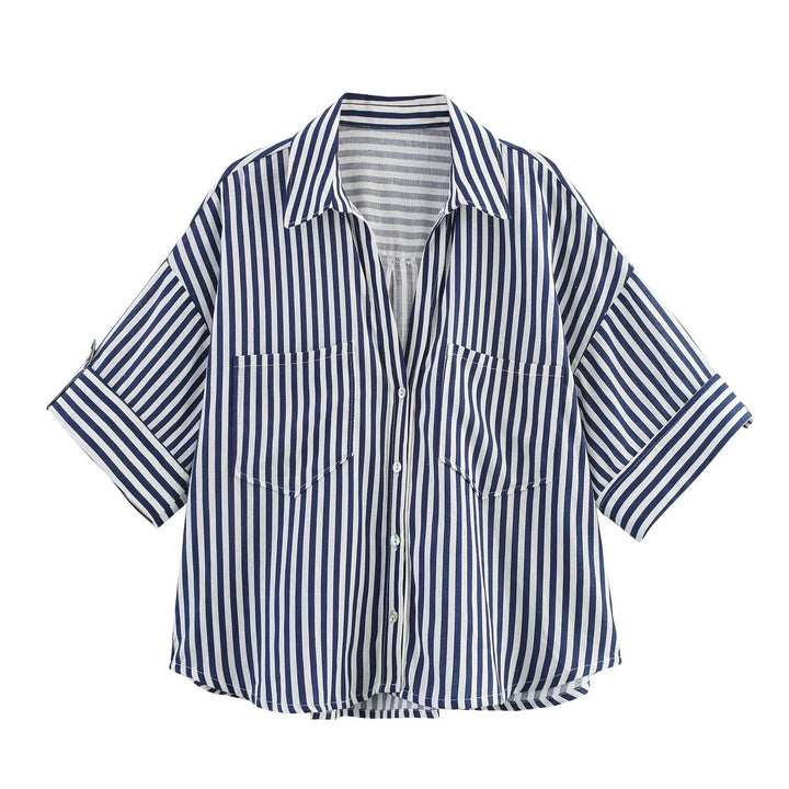 Damen kortärmad blus med fina ränder och eleganta bröstfickor Mirla-Eva Jonsson