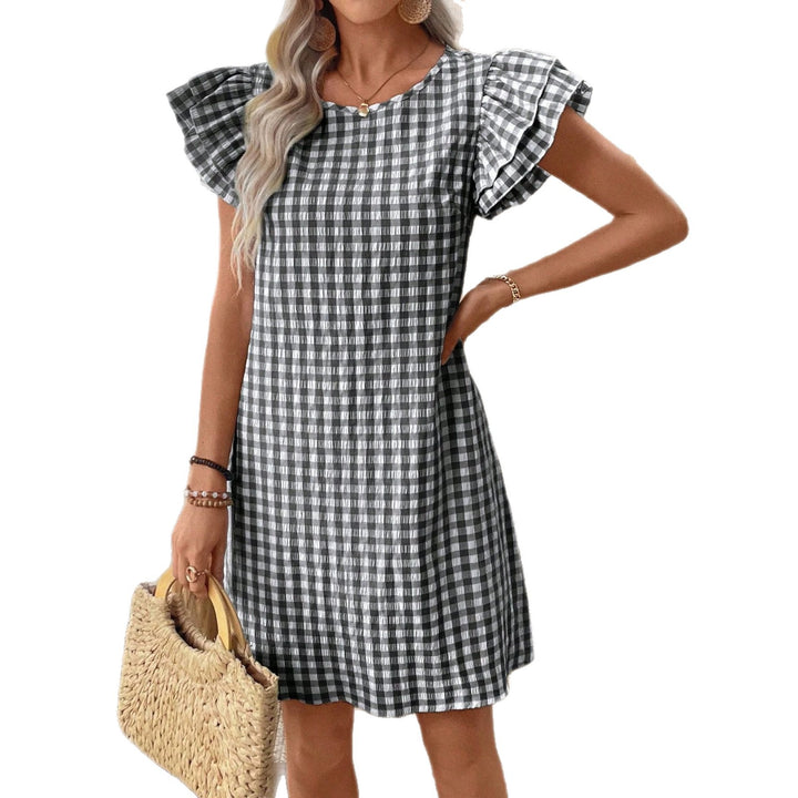 Damen kortärmad klänning i modern vichy-design med volangdetaljer Mirla-Eva Jonsson