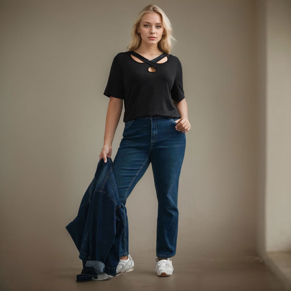 Damen kortärmad skjorta med korsutskärning Mirla-Eva Jonsson